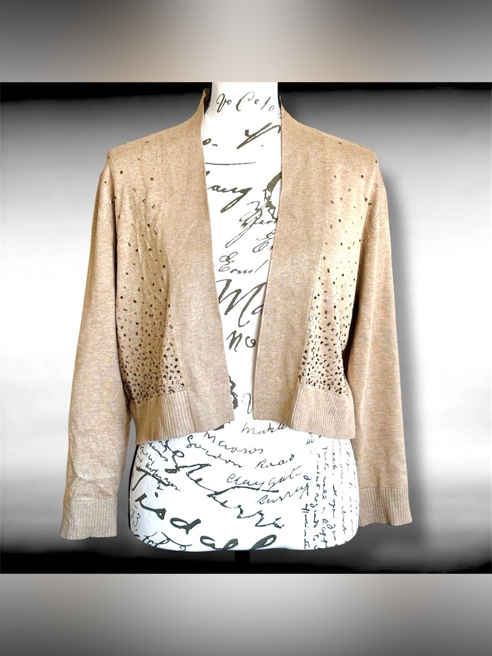Calvin Klein Tan Jeweled Collarless Cropped Knit Cardigan Sweater Medium NWT